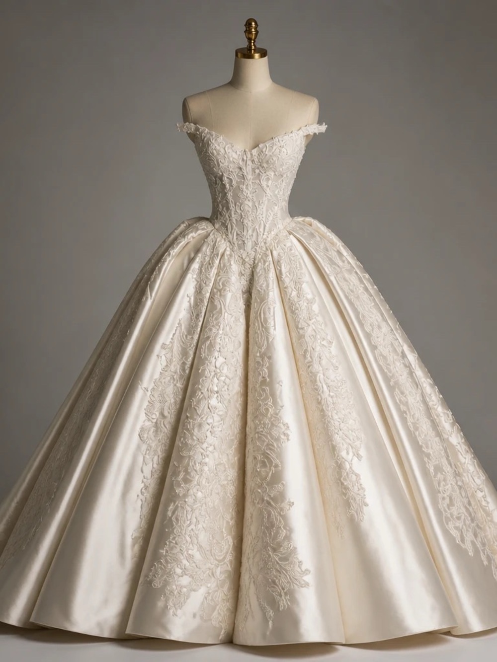Off-Shoulder Lace Appliqué Ball Gown Wedding Dress - Ivory